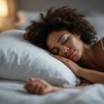 Fiatal nő alszik kényelmes ágyon, nyugodt légkörben.