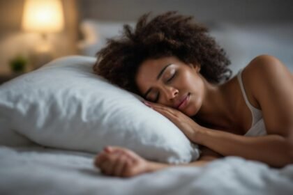 Fiatal nő alszik kényelmes ágyon, nyugodt légkörben.