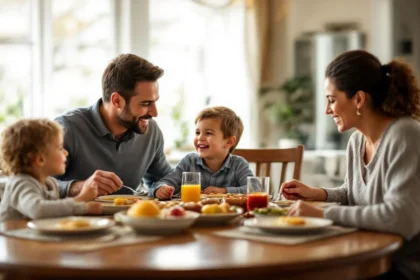 Családi vacsora az asztalnál, boldog gyerekekkel és felnőttekkel.