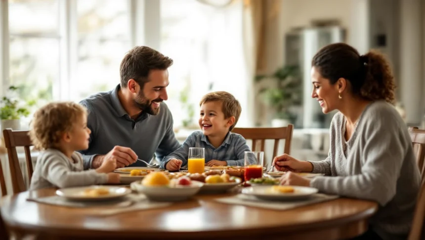 Családi vacsora az asztalnál, boldog gyerekekkel és felnőttekkel.