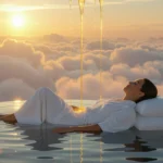 Nő relaxál a vízen, naplemente hátterében, digitális detoxra utalva.