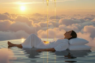 Nő relaxál a vízen, naplemente hátterében, digitális detoxra utalva.