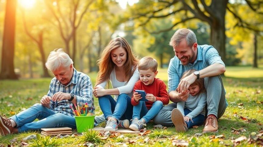 Családi szórakozás szabadban gyerekekkel és nagyszülőkkel.