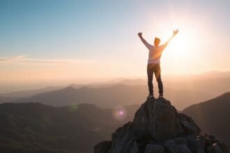 Férfi a hegycsúcson, kezét skyward, önbizalom növelése