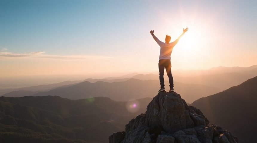 Férfi a hegycsúcson, kezét skyward, önbizalom növelése