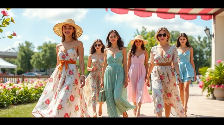 Tavaszi divat 2025: virágmintás ruhák színes stílusban.