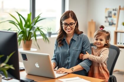 Anyuka dolgozik az irodában, miközben kislánya mellette áll.