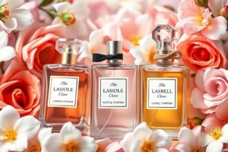 Három különböző női parfüm virágok között