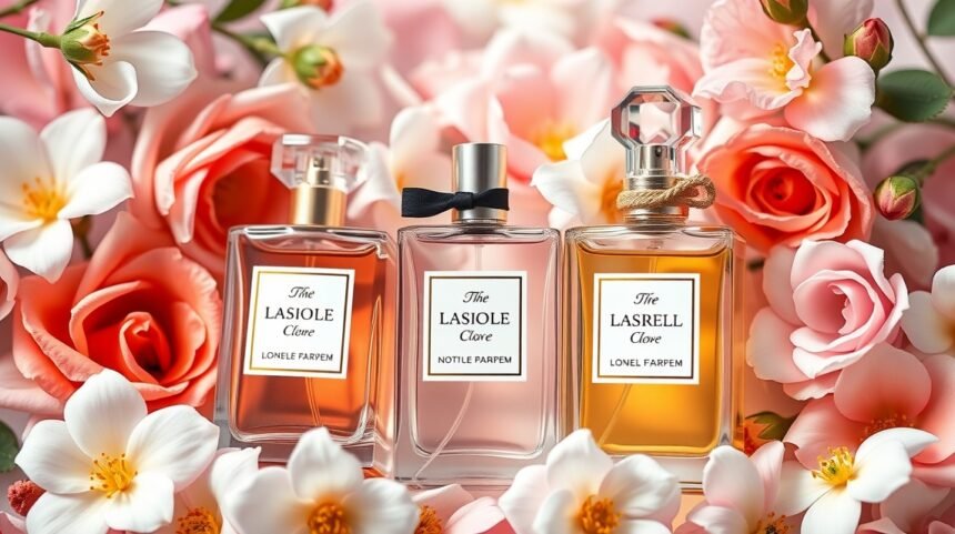 Három különböző női parfüm virágok között