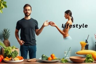 Férfi és nő egészséges életmódhoz kapcsolódó ételek mellett.