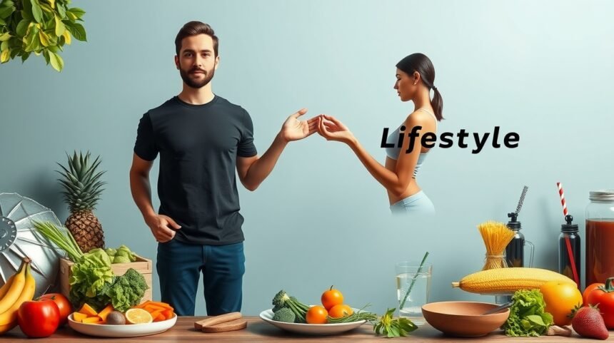 Férfi és nő egészséges életmódhoz kapcsolódó ételek mellett.