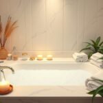 Elegáns fürdőszoba gyertyákkal és növényekkel a relaxációhoz