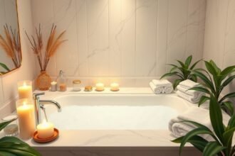 Elegáns fürdőszoba gyertyákkal és növényekkel a relaxációhoz