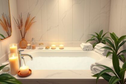 Elegáns fürdőszoba gyertyákkal és növényekkel a relaxációhoz