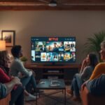 Nézők egy csoportja a Netflix-en, filmsorozatokat nézve.