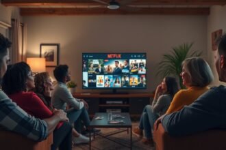 Nézők egy csoportja a Netflix-en, filmsorozatokat nézve.