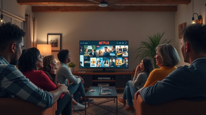 Nézők egy csoportja a Netflix-en, filmsorozatokat nézve.