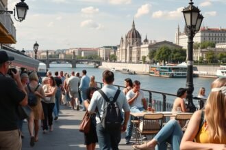 Emberek a Duna-parton Budapesten, háttérben a Parlament épülete.