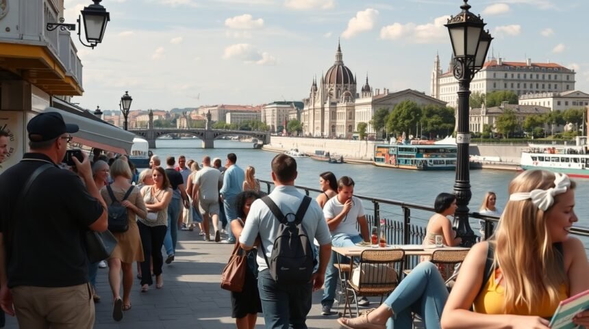Emberek a Duna-parton Budapesten, háttérben a Parlament épülete.