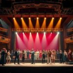 Színházi előadás színpadon, népszerű darab szereplőivel.