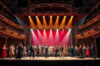 Színházi előadás színpadon, népszerű darab szereplőivel.