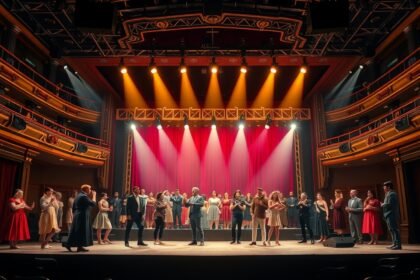 Színházi előadás színpadon, népszerű darab szereplőivel.