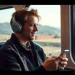 Fiatal férfi podcastot hallgat az ablak mellett ülve egy vonaton.