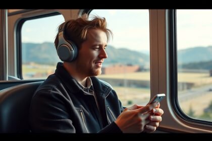 Fiatal férfi podcastot hallgat az ablak mellett ülve egy vonaton.