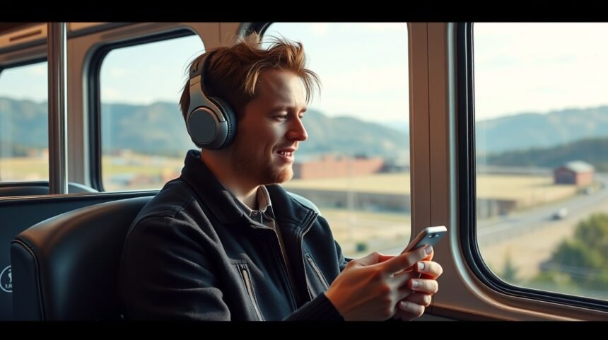 Fiatal férfi podcastot hallgat az ablak mellett ülve egy vonaton.