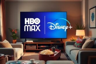 HBO Max és Disney+ logói egy modern nappaliban