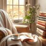 Kényelmes karosszék könyvekkel és forró teával egy romantikus sarokban.