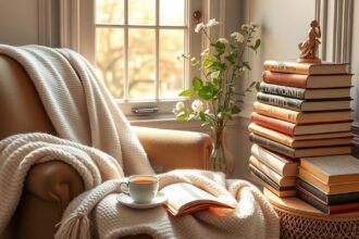 Kényelmes karosszék könyvekkel és forró teával egy romantikus sarokban.