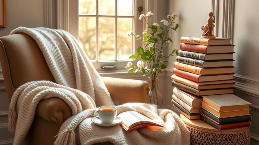 Kényelmes karosszék könyvekkel és forró teával egy romantikus sarokban.