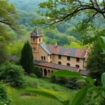 Történelmi épület a zöld erdőben Magyarországon