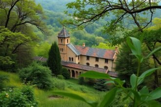 Történelmi épület a zöld erdőben Magyarországon