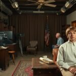 Két férfi egy filmes stúdióban, kamera és világítás berendezésekkel.