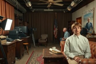 Két férfi egy filmes stúdióban, kamera és világítás berendezésekkel.