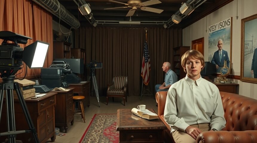 Két férfi egy filmes stúdióban, kamera és világítás berendezésekkel.