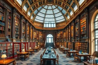 Lenyűgöző könyvtár belső tér, történelmi építészettel.