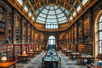 Lenyűgöző könyvtár belső tér, történelmi építészettel.