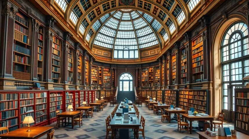 Lenyűgöző könyvtár belső tér, történelmi építészettel.