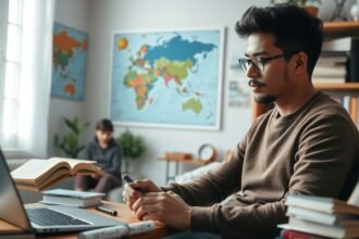 Felnőtt nyelvtanulás otthoni környezetben, laptop és könyvek mellett.