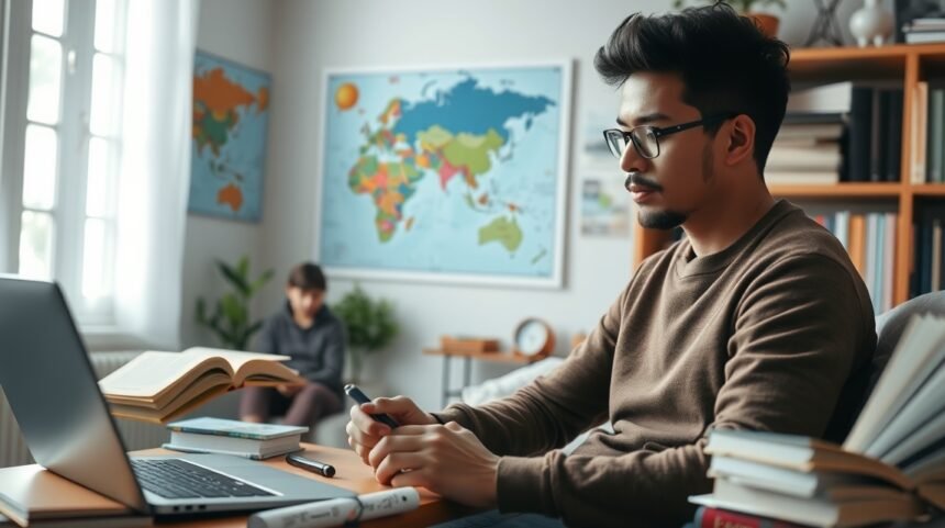 Felnőtt nyelvtanulás otthoni környezetben, laptop és könyvek mellett.