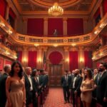 Elegáns emberek a színházban, válogatott öltözékekben