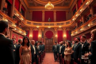 Elegáns emberek a színházban, válogatott öltözékekben