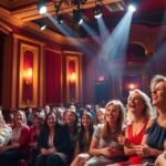Vicces színházi előadás közönsége, akik nevetnek és szórakoznak.