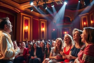 Vicces színházi előadás közönsége, akik nevetnek és szórakoznak.