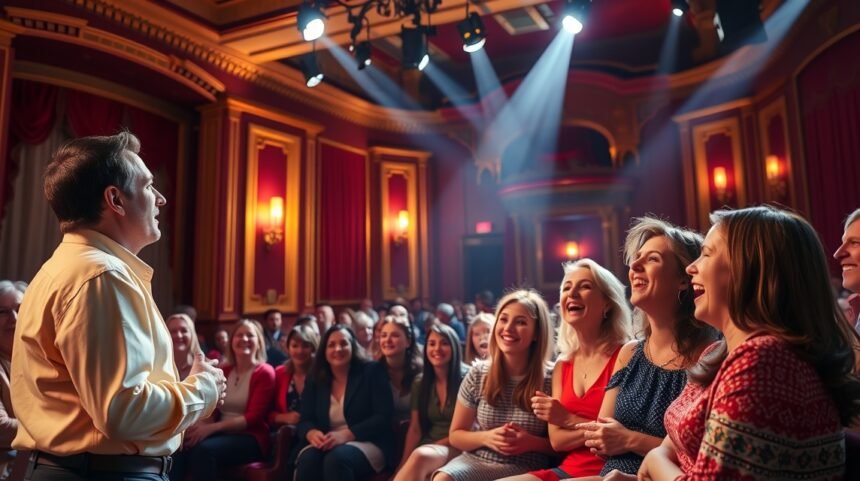 Vicces színházi előadás közönsége, akik nevetnek és szórakoznak.