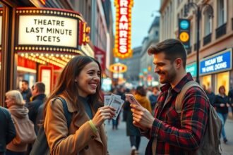 Pár színházjegyekkel boldogan, last minute jegyvásárlás előtt.