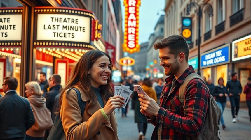 Pár színházjegyekkel boldogan, last minute jegyvásárlás előtt.